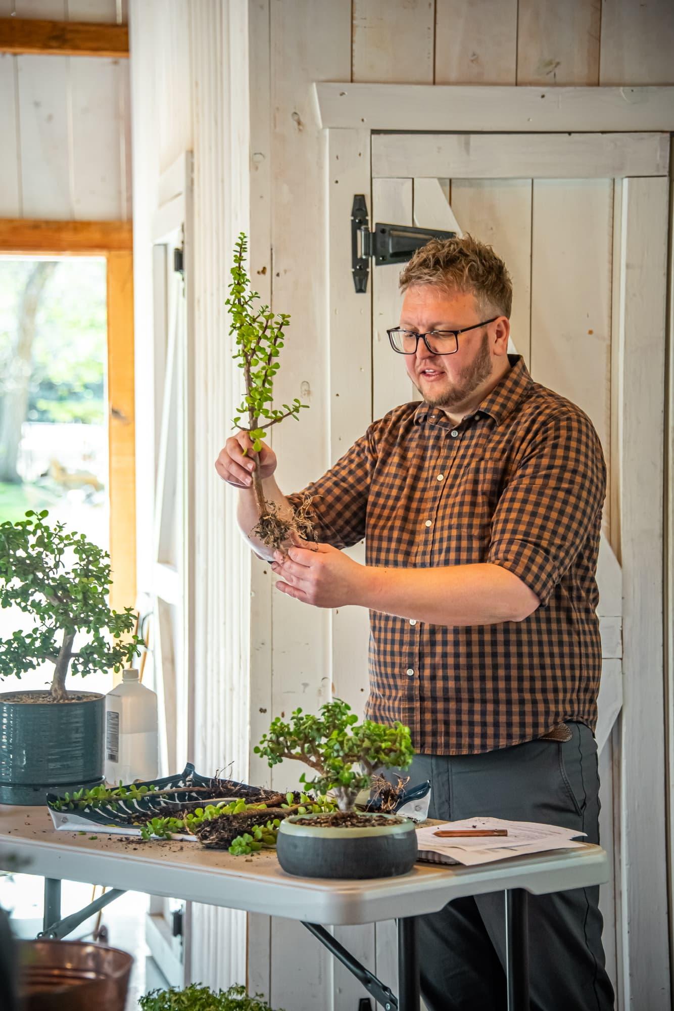 Landon holds up a dwarf jade cutting with bare roots to show the class, tools and trees on the table below
